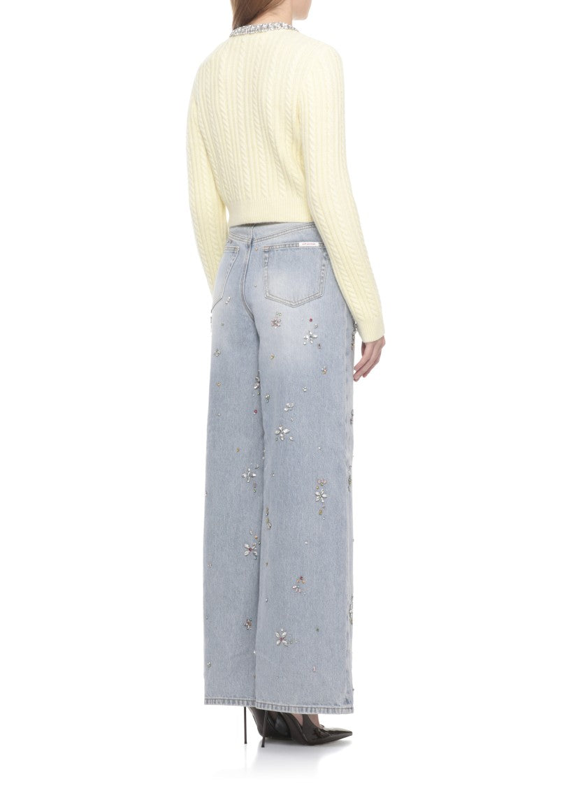 Self-Portrait Cropped Yellow Alpaca Cardigan With Rhinestone Embellishments