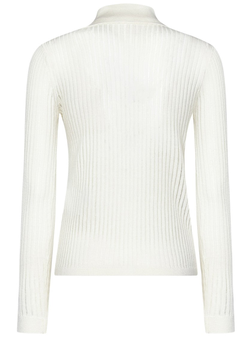 Max Mara Long-Sleeved White Silk And Wool Knit Polo Shirt