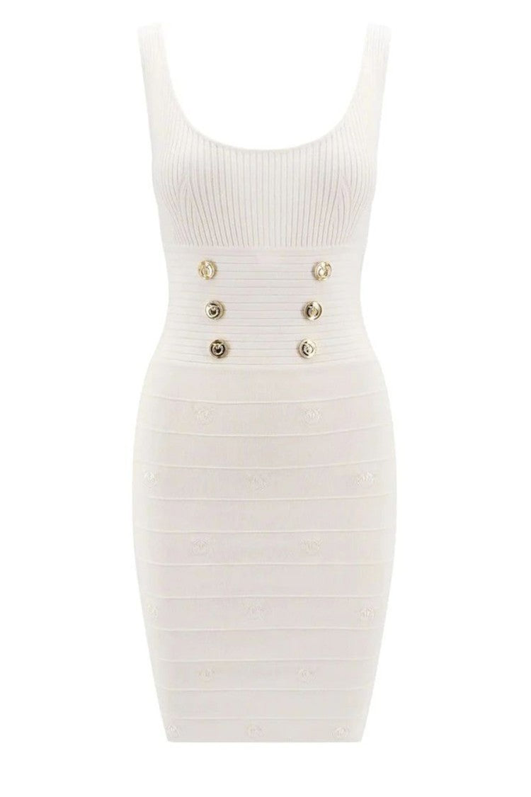 Pinko White Ribbed Bodycon Dress With Gold Button Detail And Zip Closure
