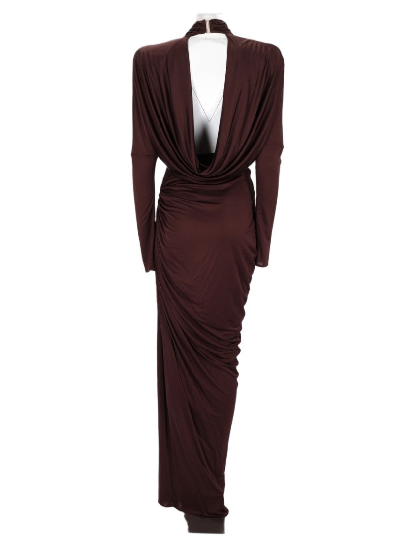 Balmain Brown Draped Open-Back Long Evening Dress