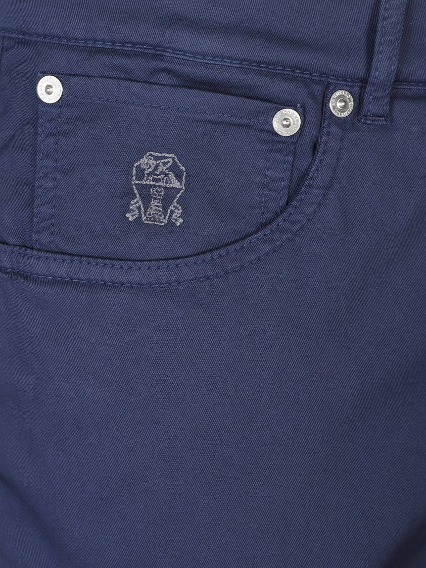 Brunello Cucinelli Blue Embroidered Logo Cotton Formal Pants