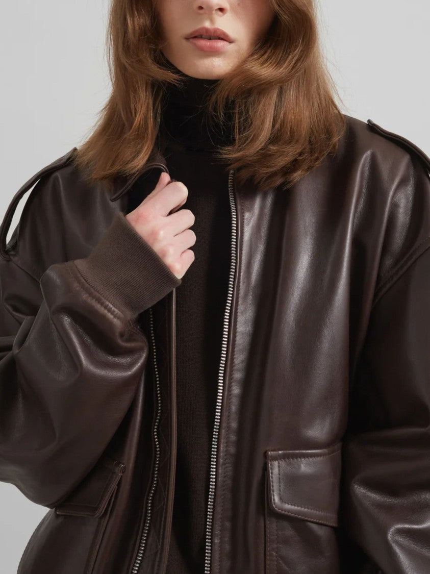 The Frankie Shop Brown Shoulder Epaulettes Leather Leather Jacket