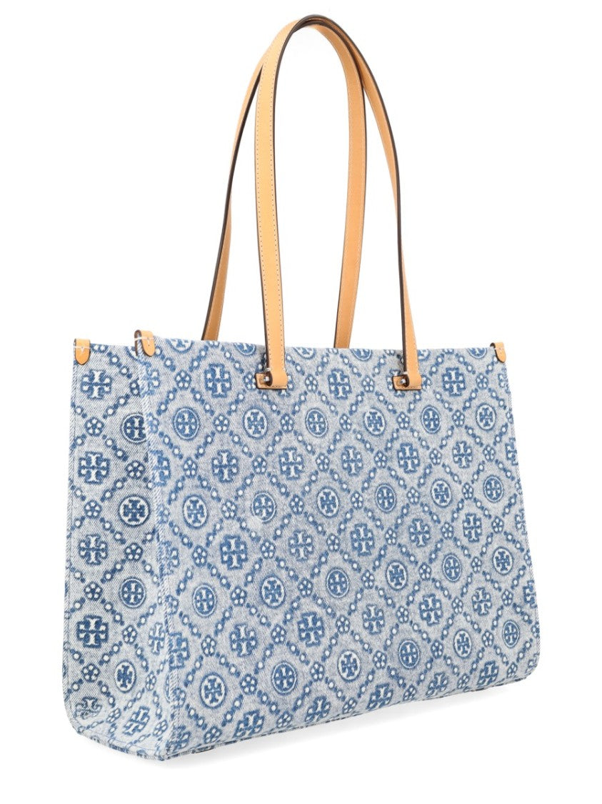 Tory Burch T Monogram Blue Cotton Shopper Bag