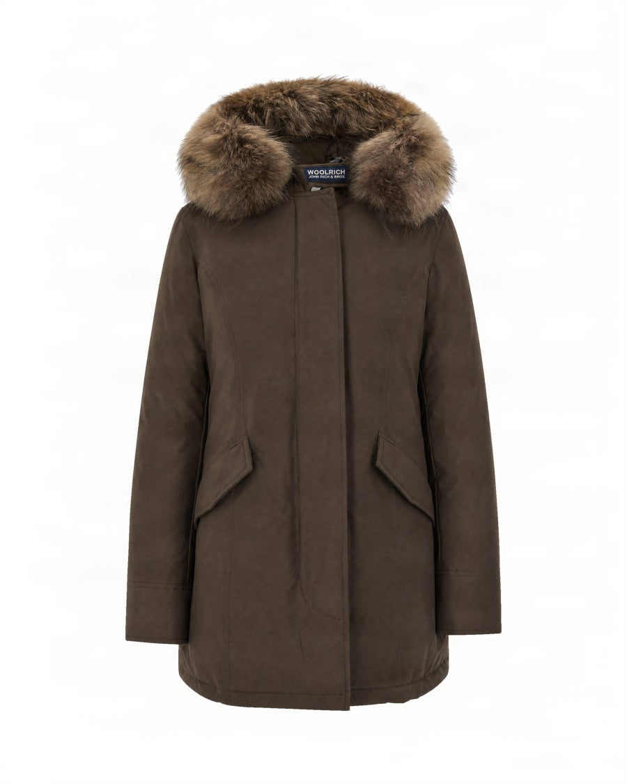 Woolrich Brown Parka With Plush Fur-Trimmed Hood And Zip Closure