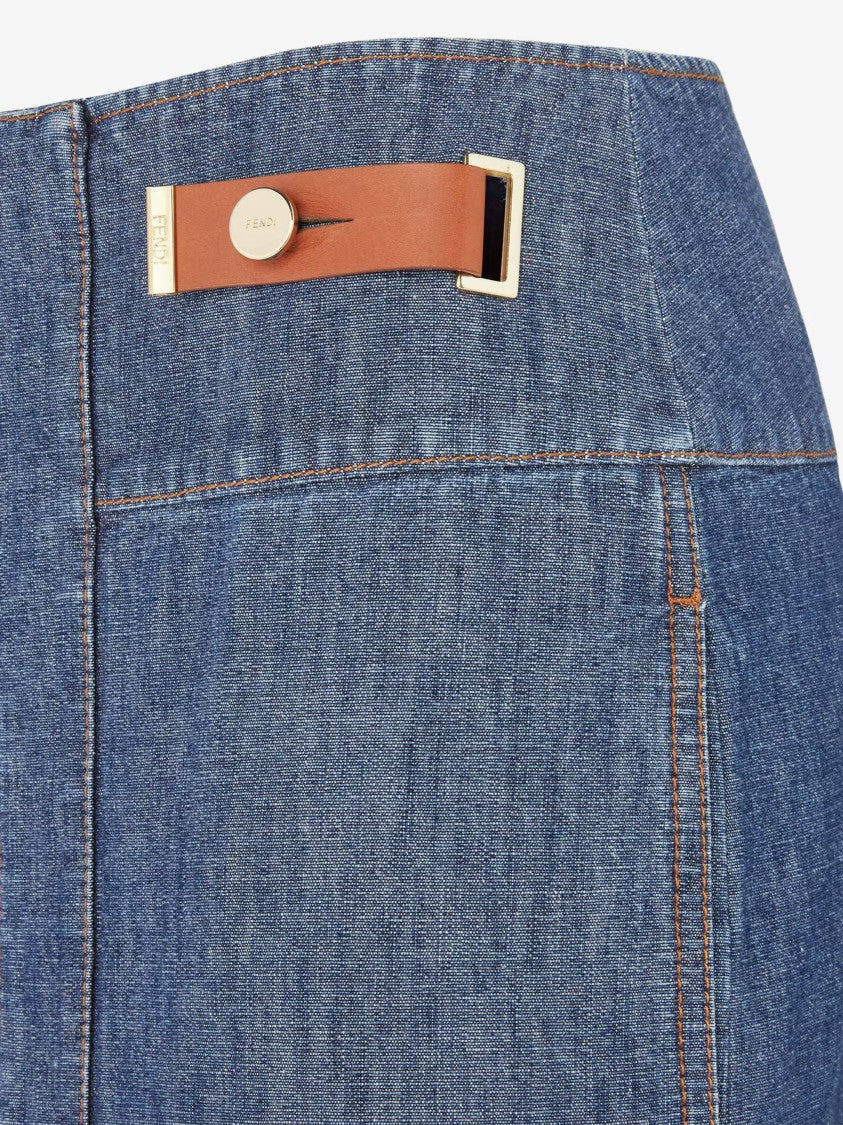 Fendi Straight-Cut Chambray Skirt With Front Zipper And Leather Accents