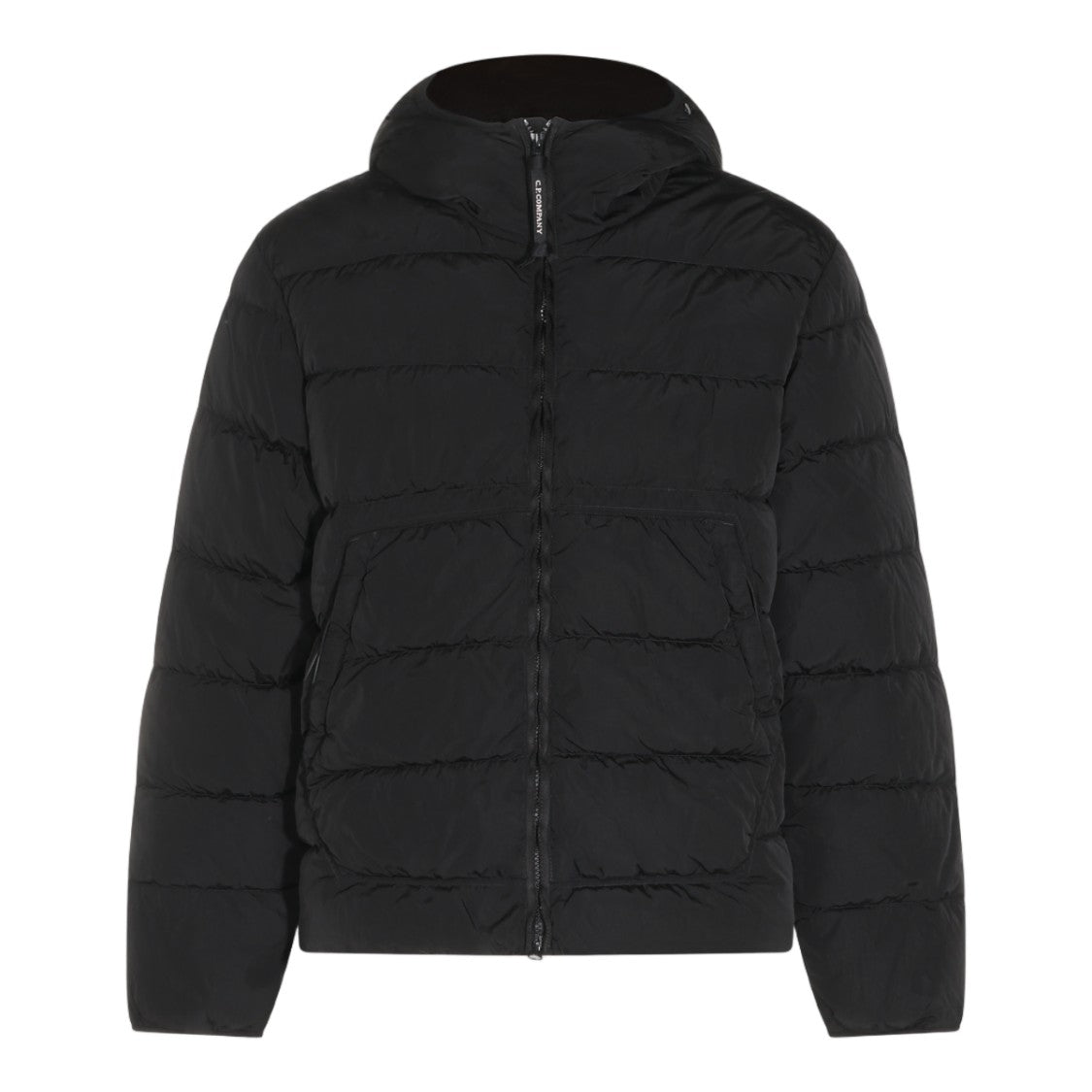 C.P. Company Minimalist Black Puffer Jacket With High Collar And Attached Hood