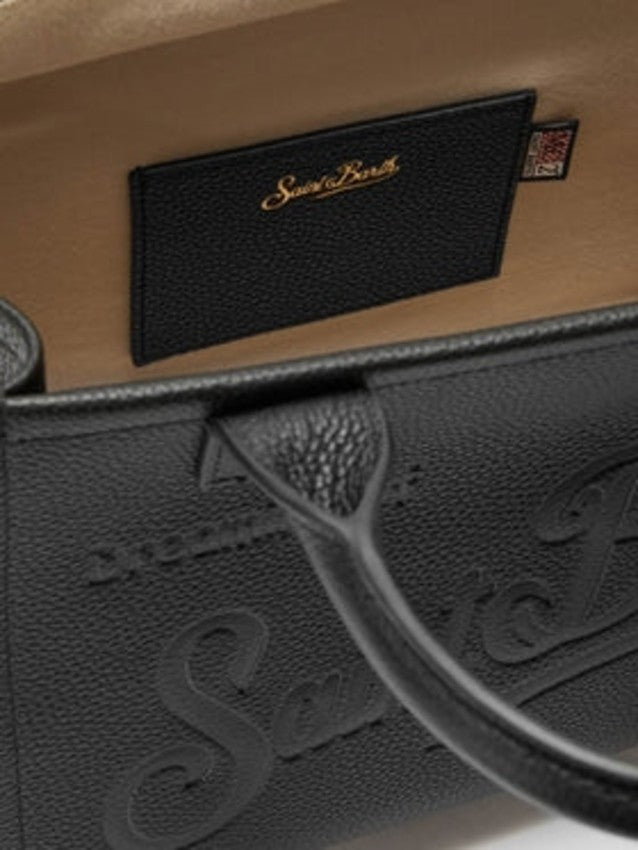 Saint Barth Structured Black Textured Leather Handbag With Embossed Branding