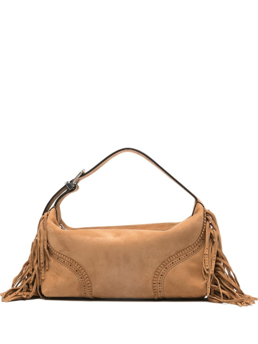 Ermanno Scervino Structured Beige Lamb Leather Shoulder Bag With Fringed Tassels