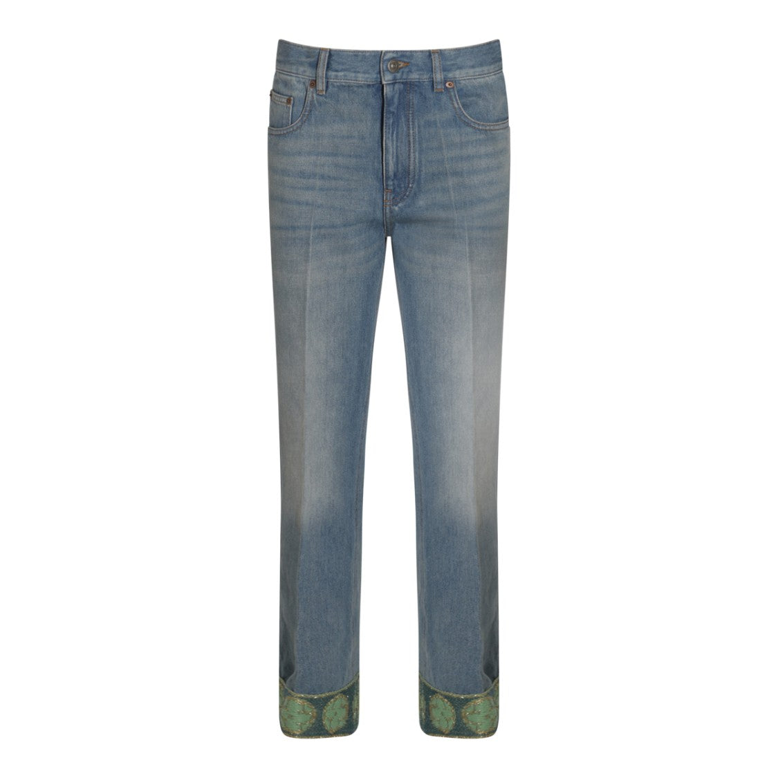 Valentino Faded Grey Cotton Denim Jeans With Embroidered Cuffs