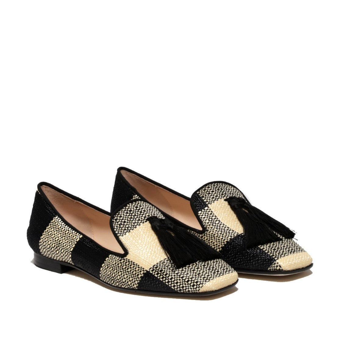 Prosperine Ivory Black Checkered Raffia Slipper With Silk Tassels