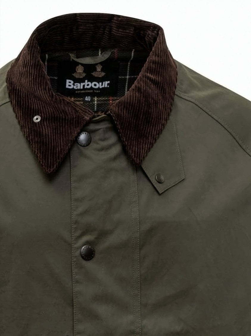 Barbour Cropped Matte Olive Green Jacket With Corduroy Collar