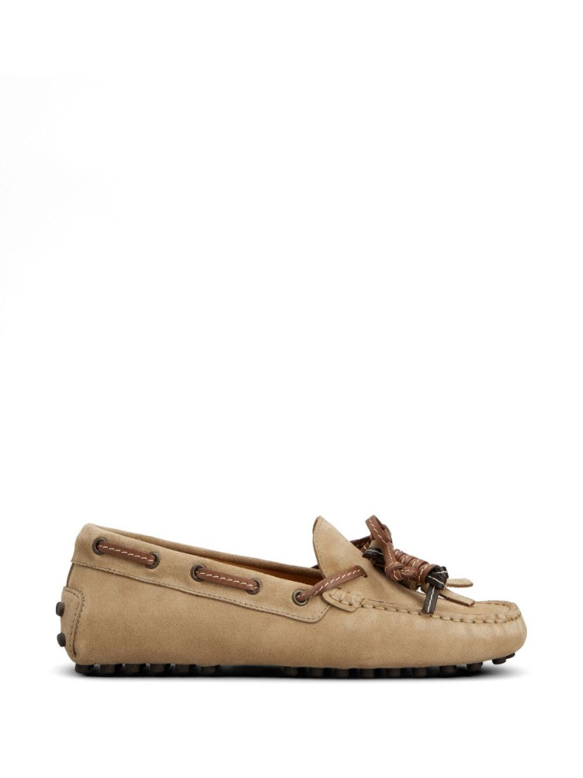 Tod's Beige Suede Flats With Front Tie And Contrast Stitching