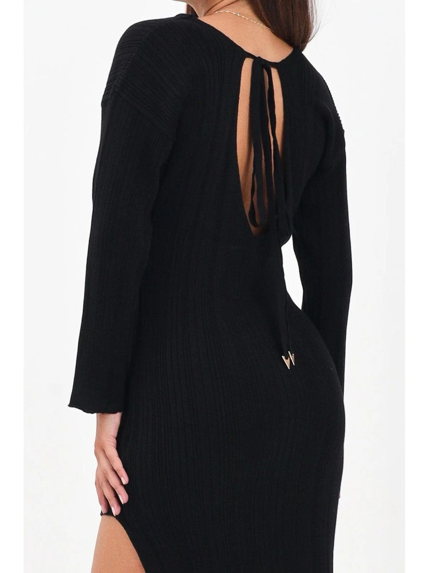 Akep Ribbed Knit Black Midi Dress With Keyhole Back And Side Slit
