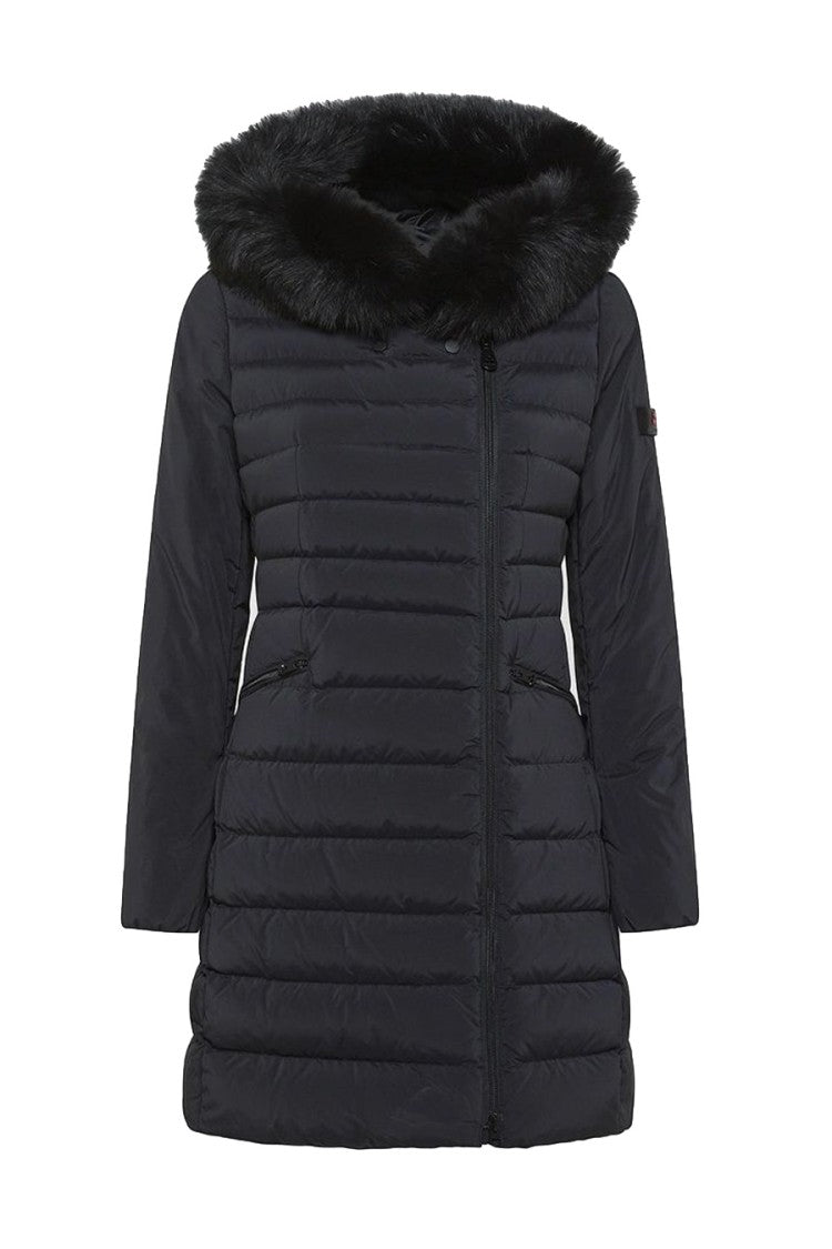 Peuterey Quilted Black Jacket With Faux Fur Hood