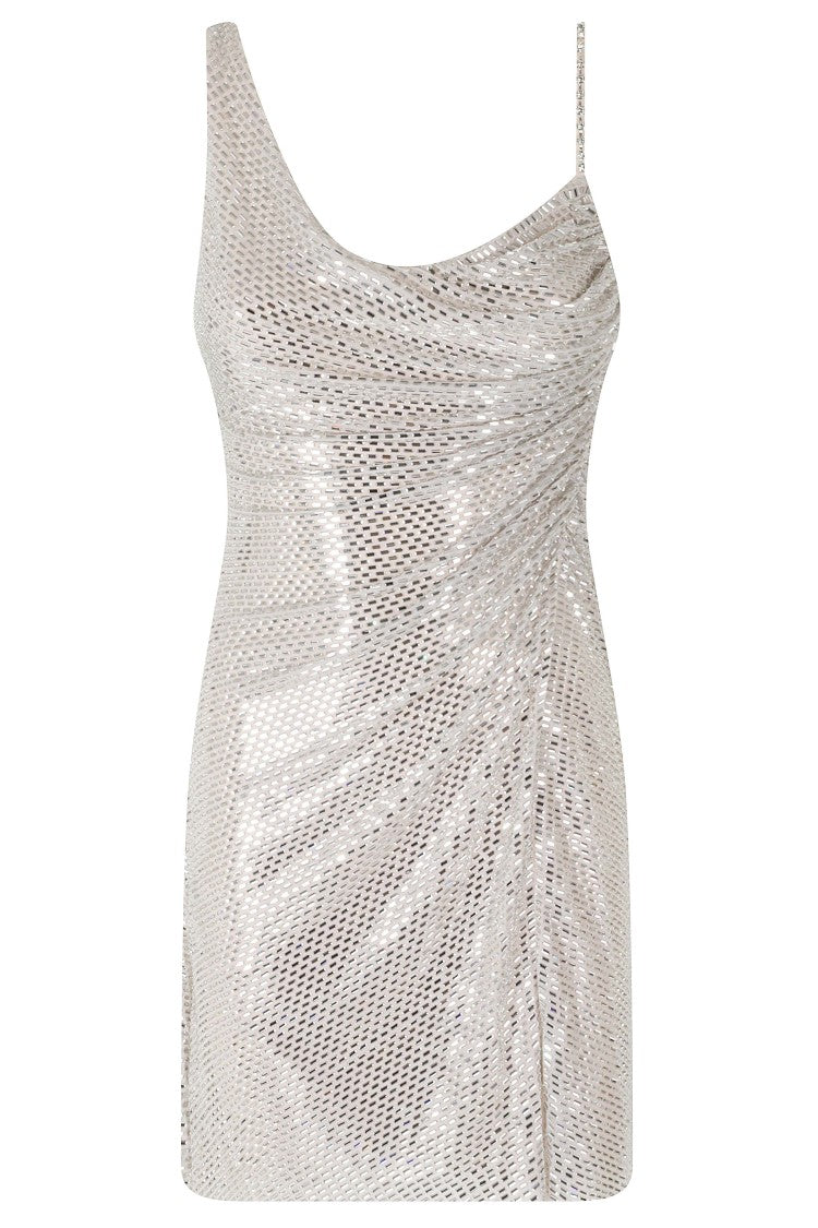 Self-Portrait Champagne Rhinestone Draped Hooded Mini Dress