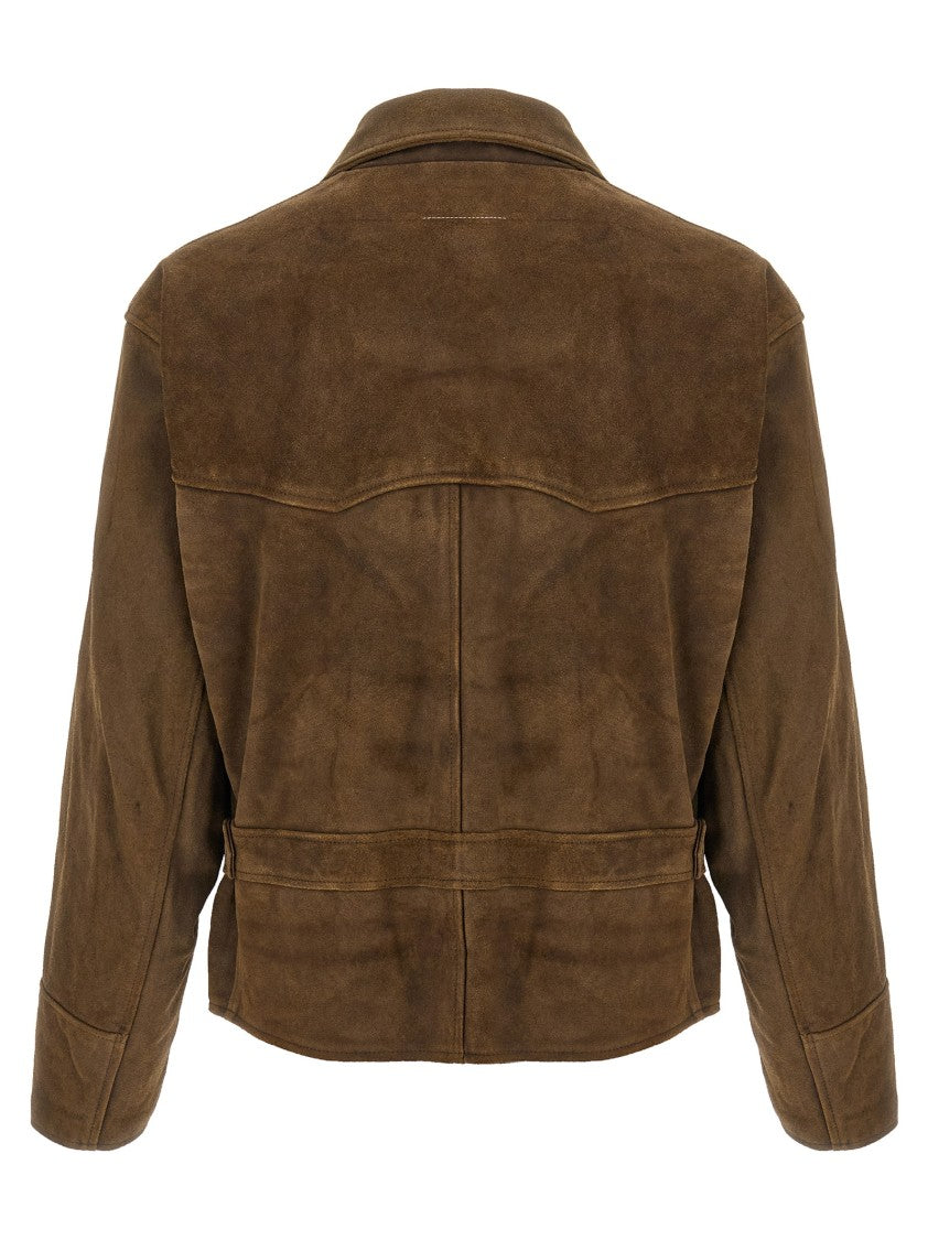 Mm6 By Maison Margiela Aged Effect Suede Biker Jacket With Asymmetrical Zip And Quilted Lining