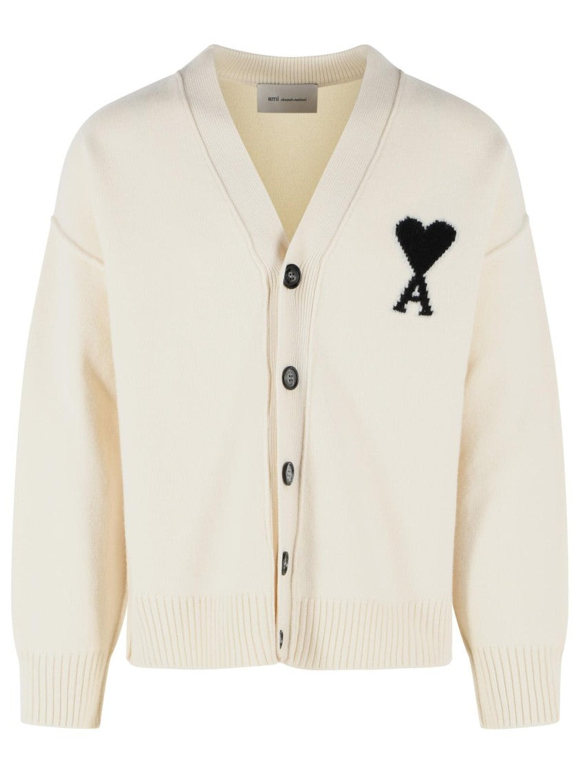 Ami Paris V-Neck Cream Virgin Wool Cardigan With Contrast Logo