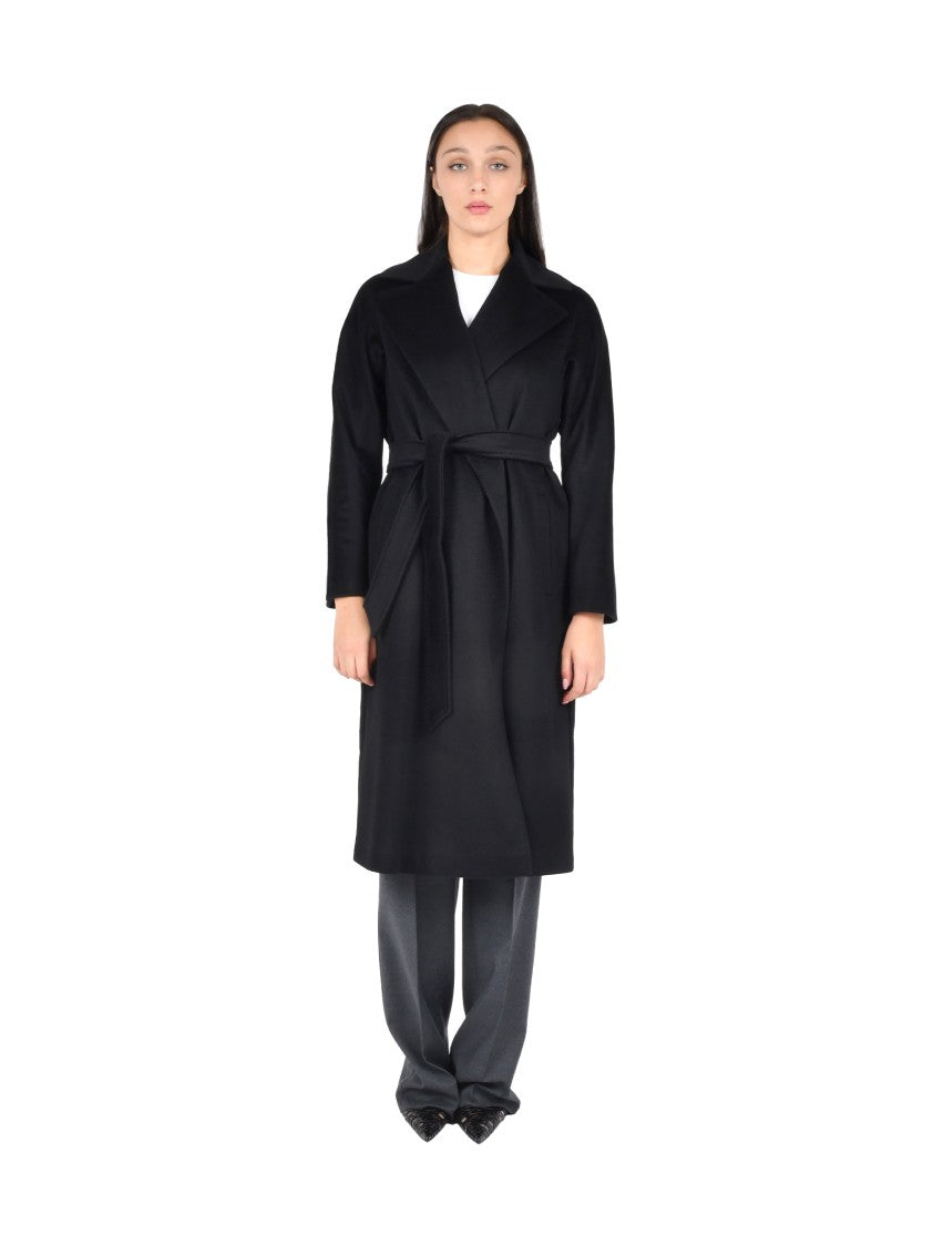 Max Mara Draped Black Cashmere Midi Wrap Coat