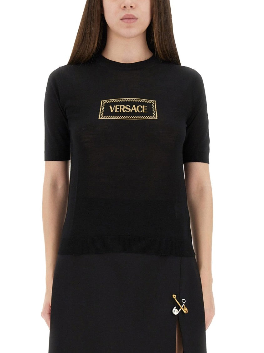 Versace Fitted Knit T-Shirt With Logo Patch