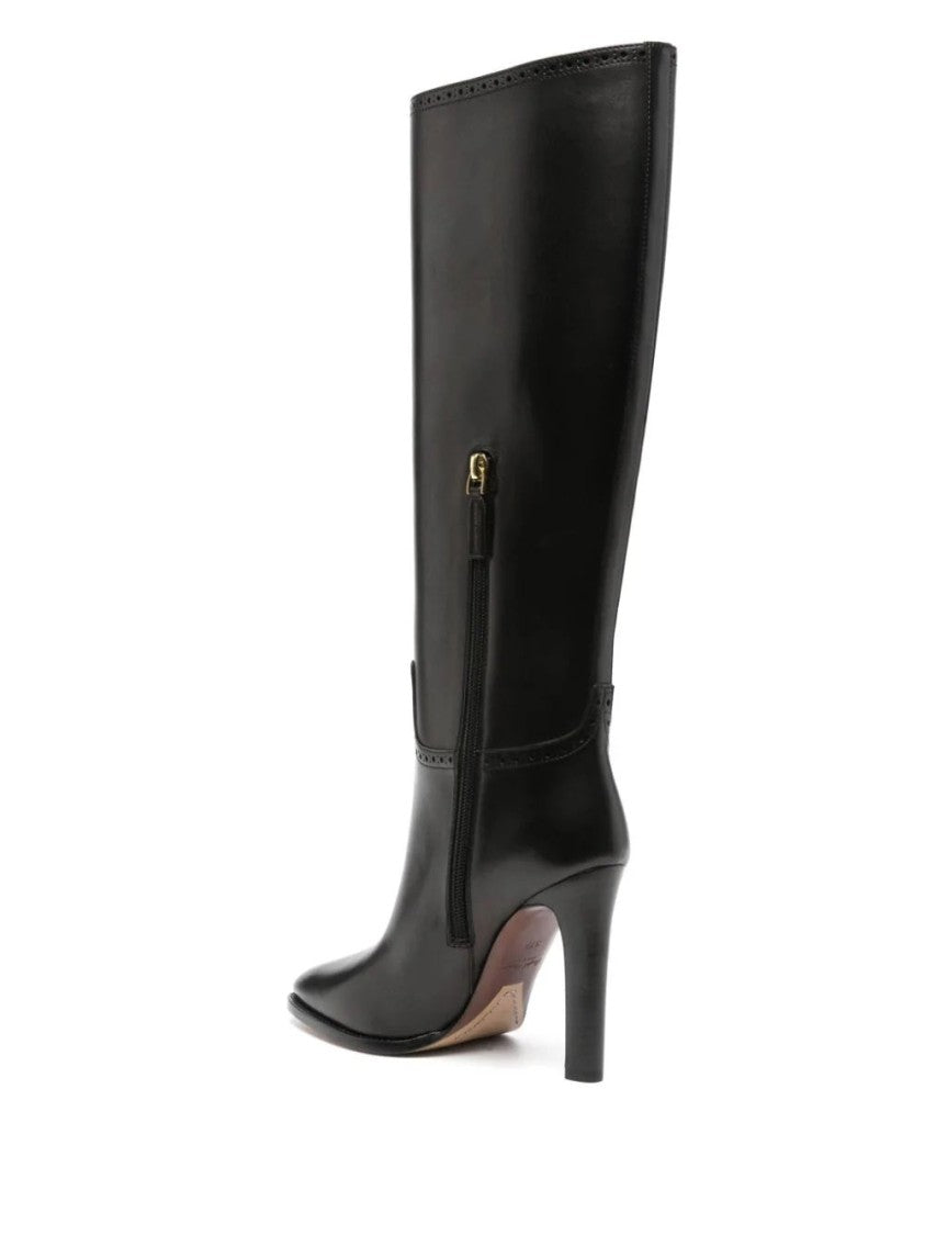 Polo Ralph Lauren Black Brently Pointed Toe Slim Heel Leather Boots