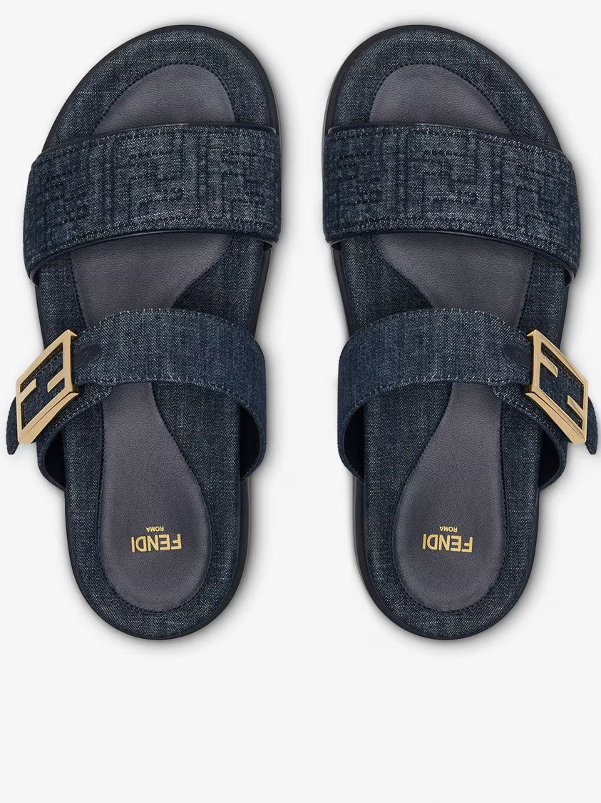 Fendi Feel Denim Wide Strap Gold Buckle Sandals