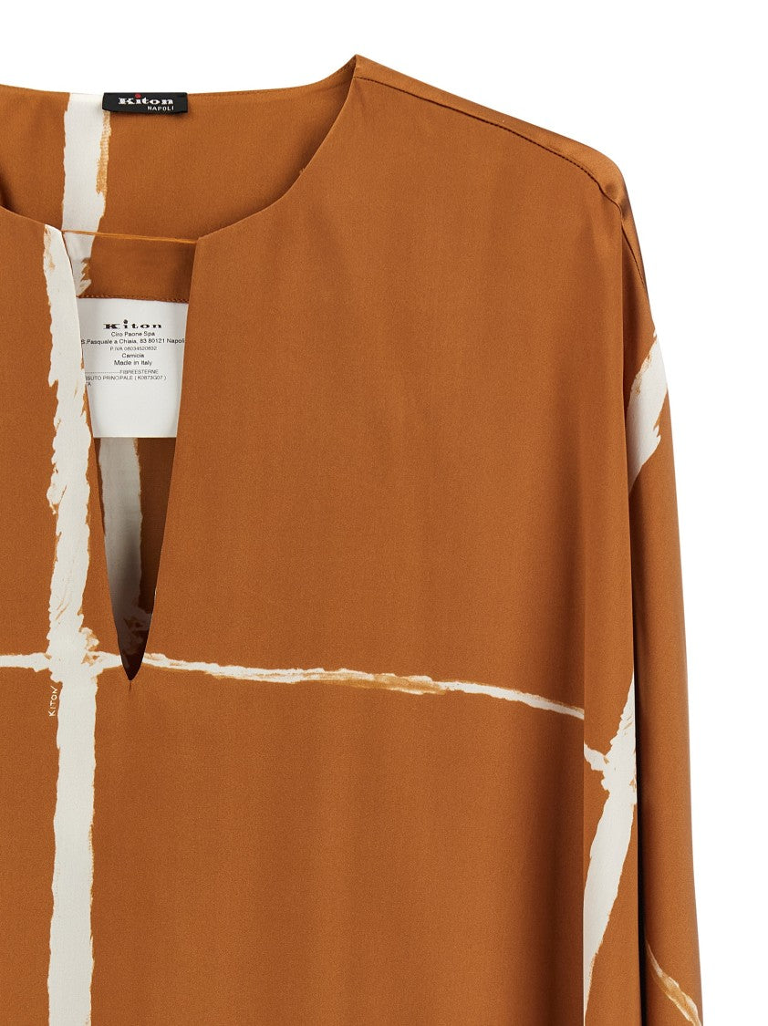 Kiton Silk Satin Caftan Blouse With Graphic Pattern