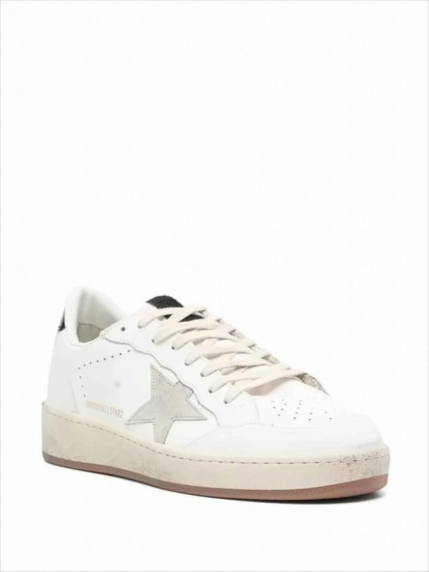 Golden Goose Distressed White Leather Low-Top Sneakers With Grey Star Accent