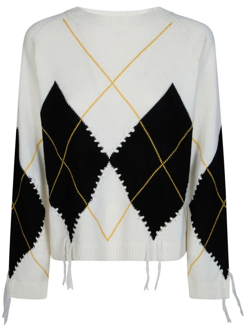 Pinko Cropped Knitted Sweater With Argyle Pattern And Decorative Ties