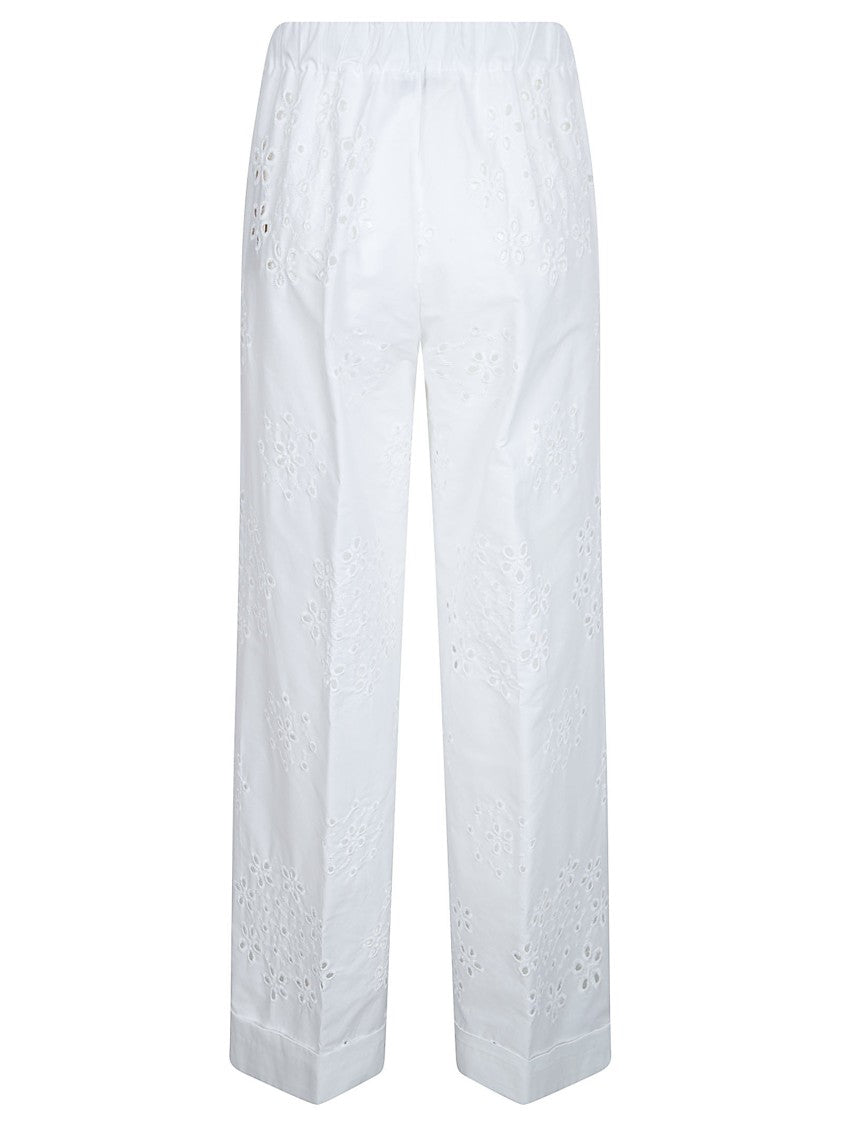 Herno Straight-Leg White Trousers With Floral Eyelet Embroidery