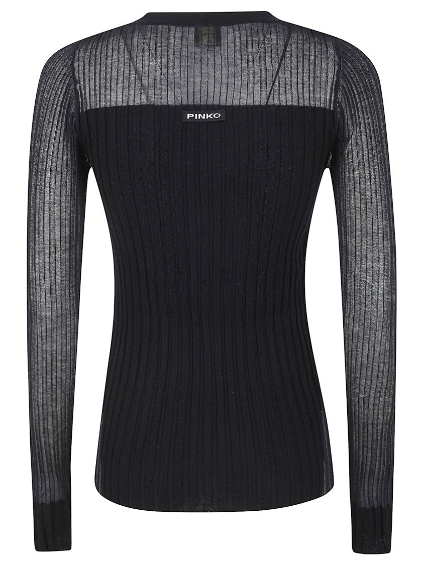 Pinko Ribbed Black Cardigan In Wool-Silk-Cashmere Blend