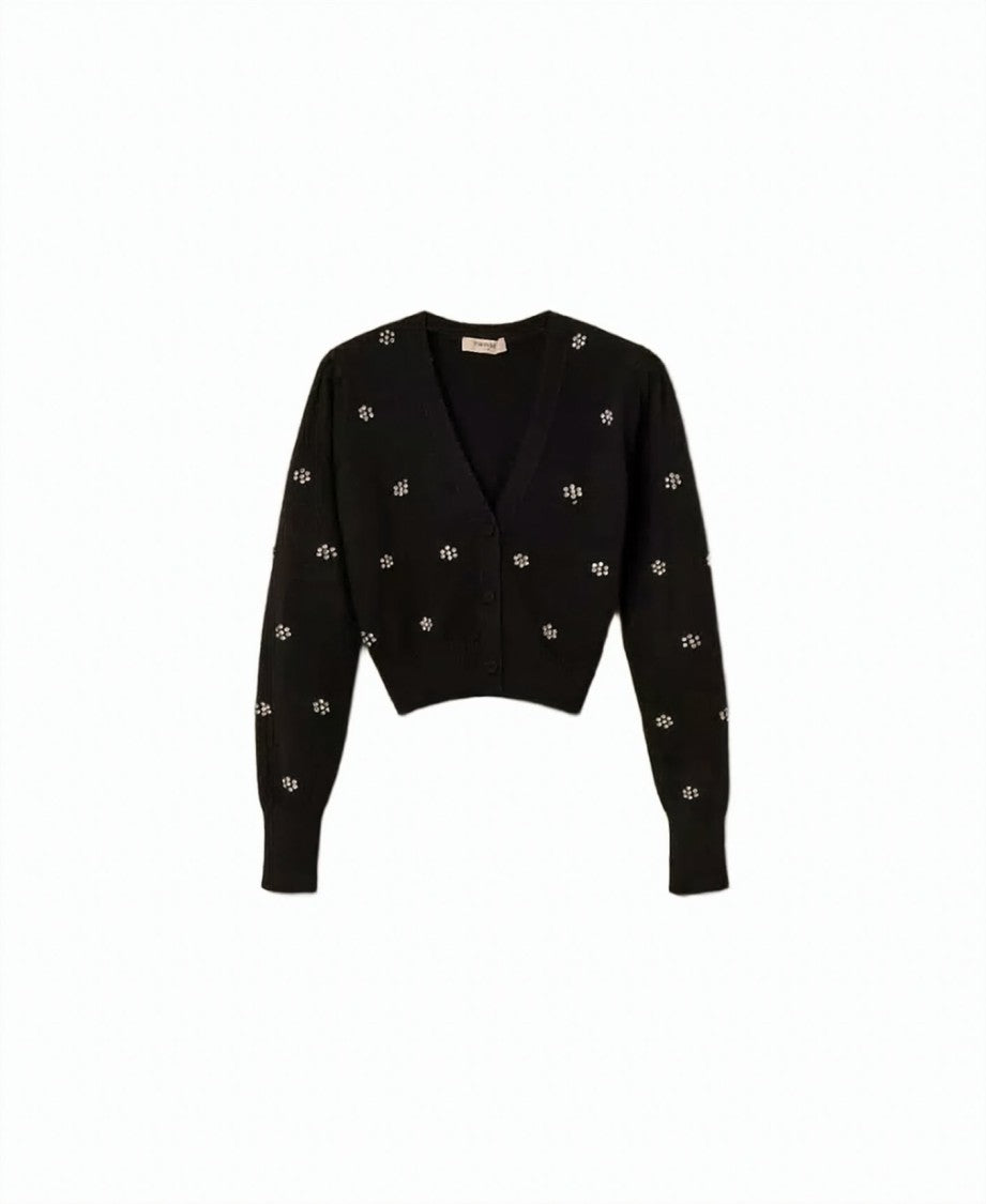 Twin-Set Angora-Blend Floral Rivet V-Neck Cardigan