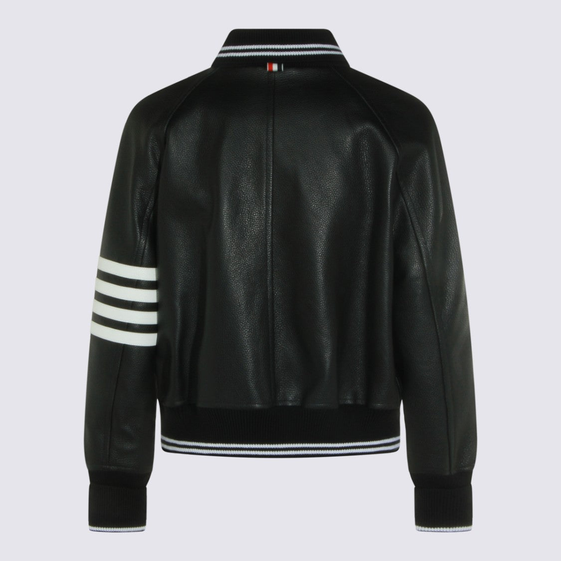 Thom Browne Textured Black Leather Bomber Jacket With Striped Detailing