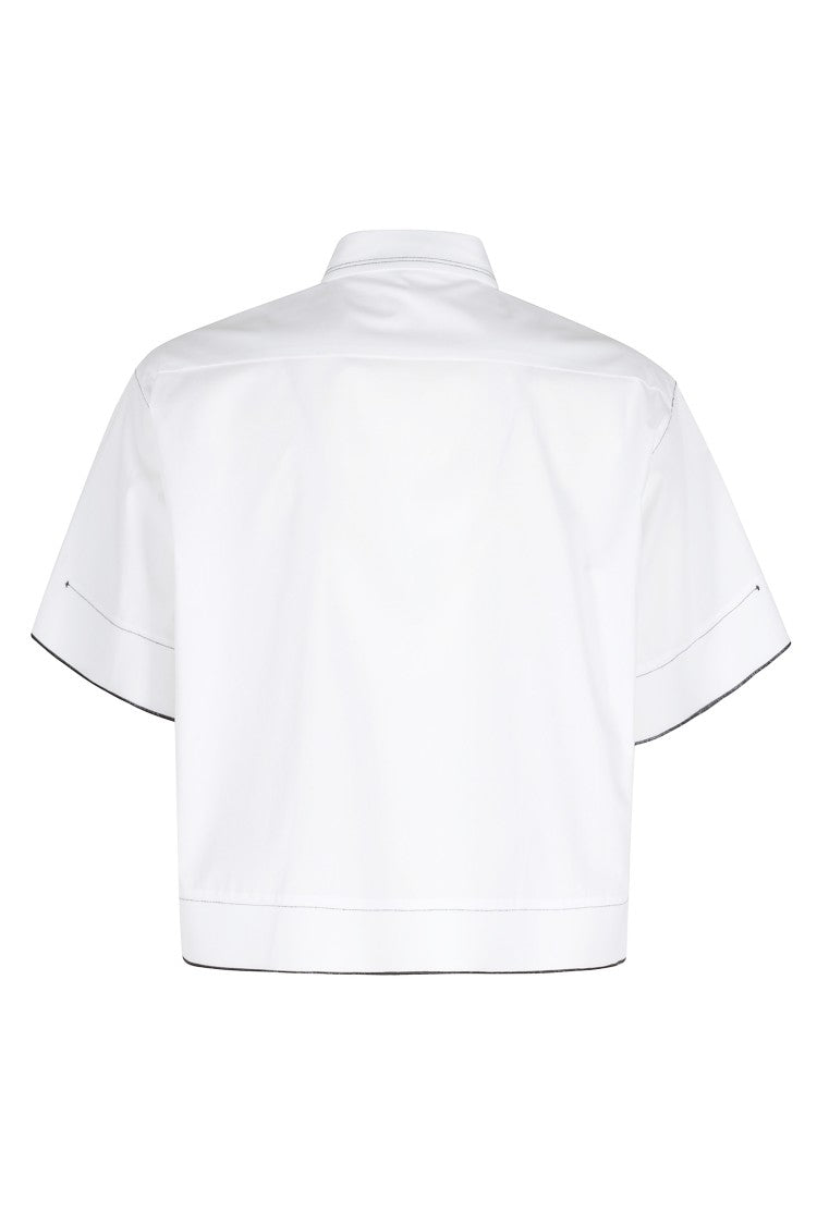 Tela White Gimmy Striped-Front Short-Sleeve Cotton Shirt