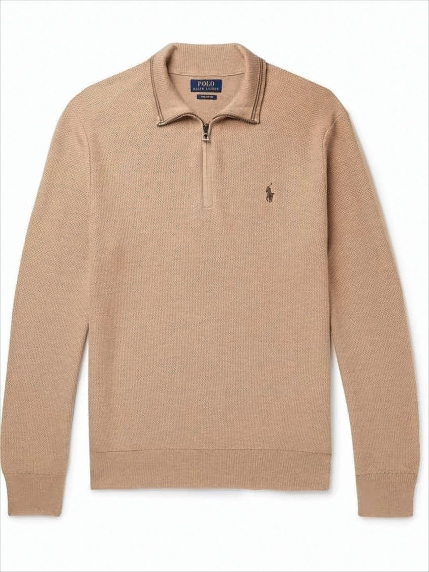 Polo Ralph Lauren Textured Knit Brown Sweater With Half-Zip Collar