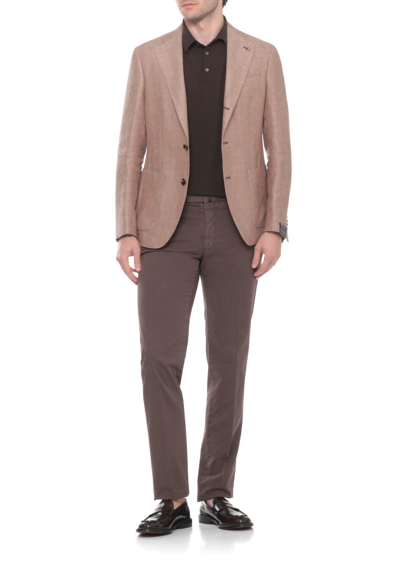La Torre Red Light Brown Herringbone Linen-Wool Blazer