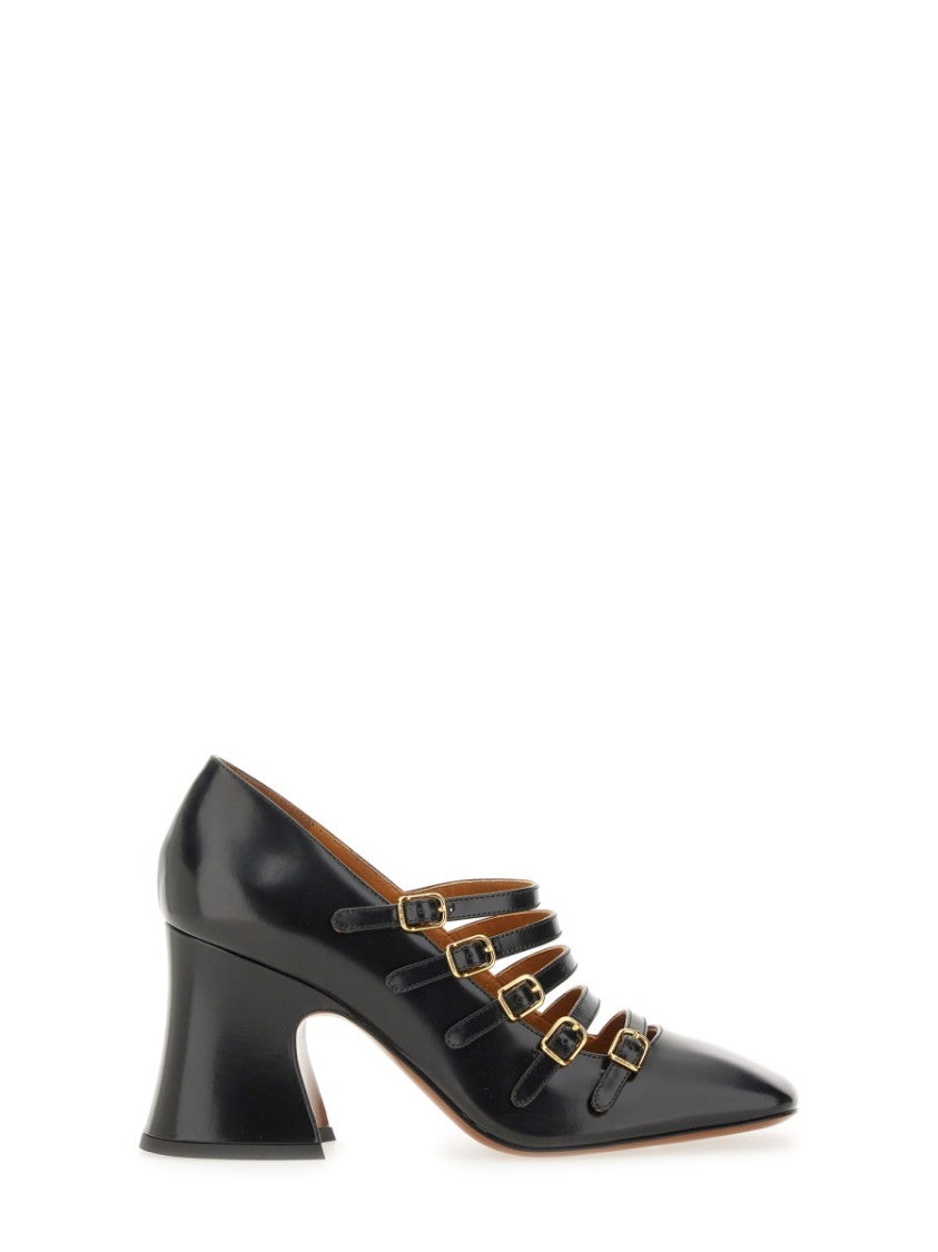 Chloé Pointed Toe Black Calf Leather Heels With Flared Block Heel