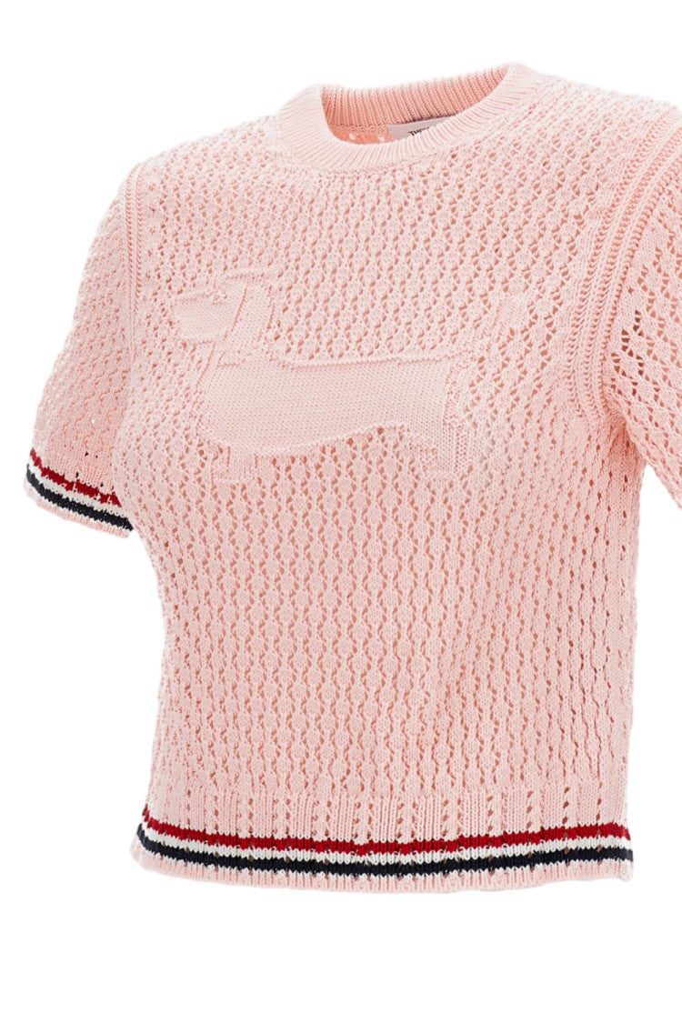 Thom Browne Crewneck Knit T-Shirt With Rwb Stripes