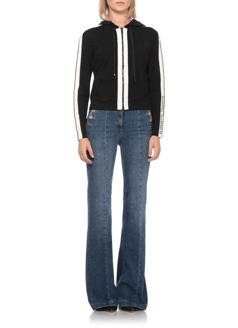 Elisabetta Franchi Black Hooded Embossed Logo Cotton-Blend Sweatshirt