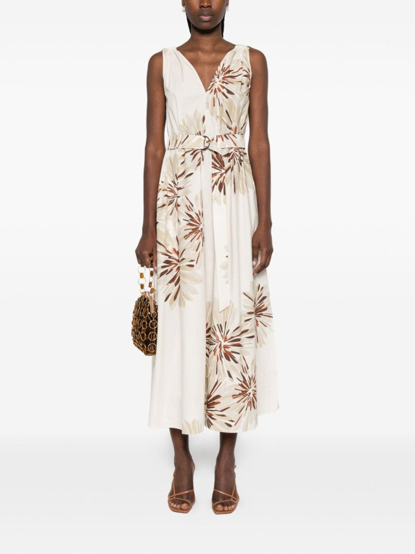 Brunello Cucinelli White Brown Floral Print Cotton Midi Dress