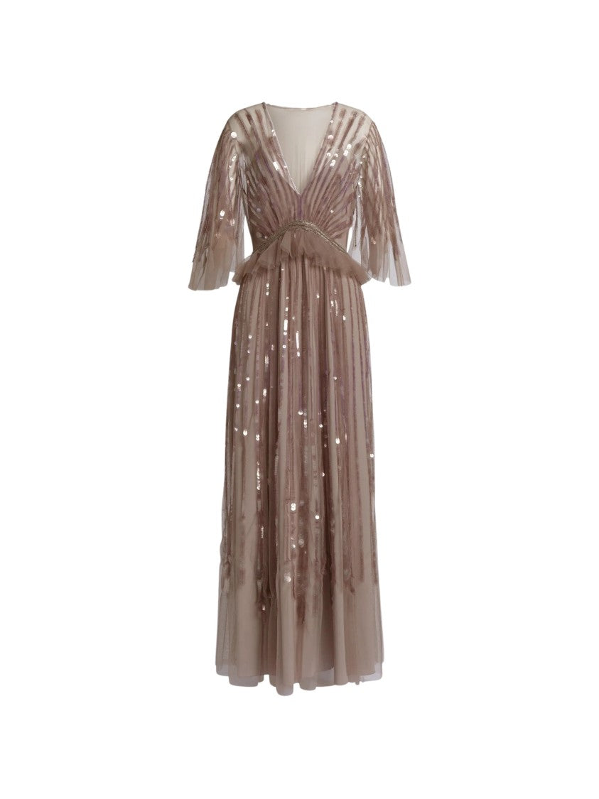 Alberta Ferretti Long Embroidered Tulle Dress With Sequined Detail