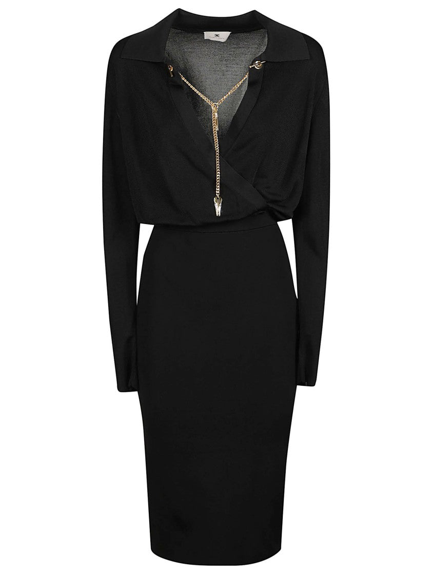 Elisabetta Franchi Long Sleeve Black Midi Dress With Gold Chain Detail