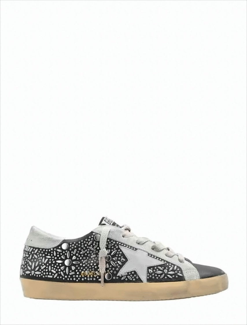 Golden Goose Black Leather Low-Top Sneakers With Floral Cut-Out Design