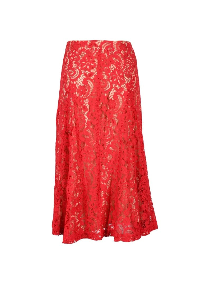 Semi Couture Red Lace Cotton-Blend Long Skirt