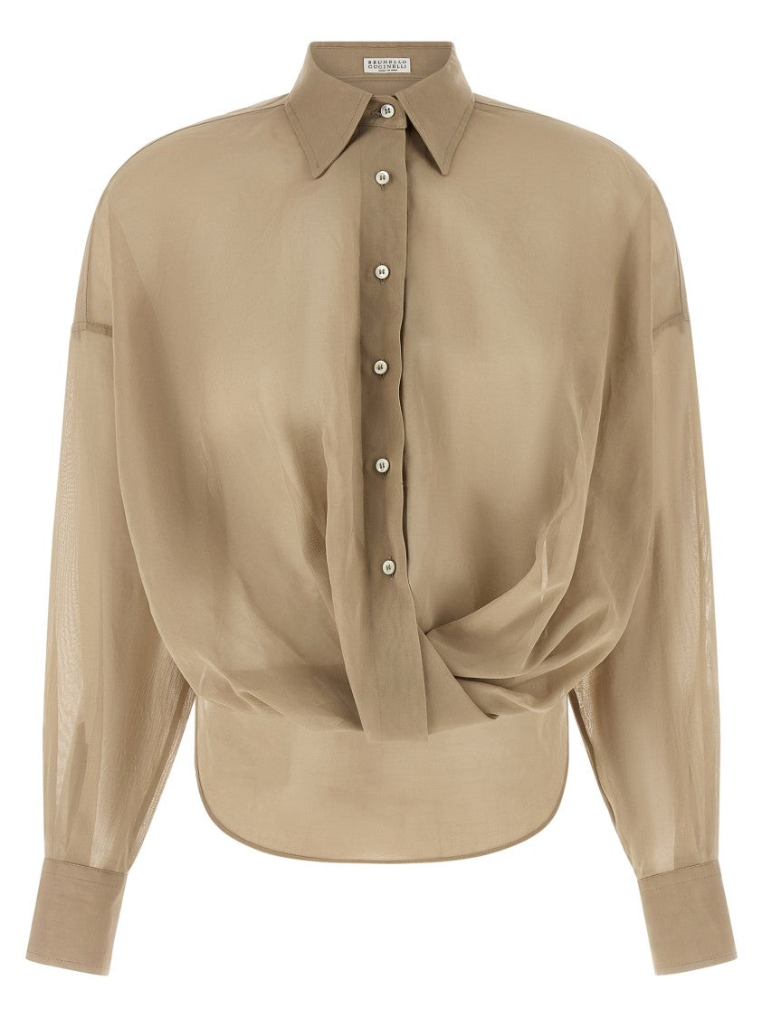 Brunello Cucinelli Semi-Transparent Cotton Taffeta Shirt With Asymmetric Hem And Rolled Knot Detail