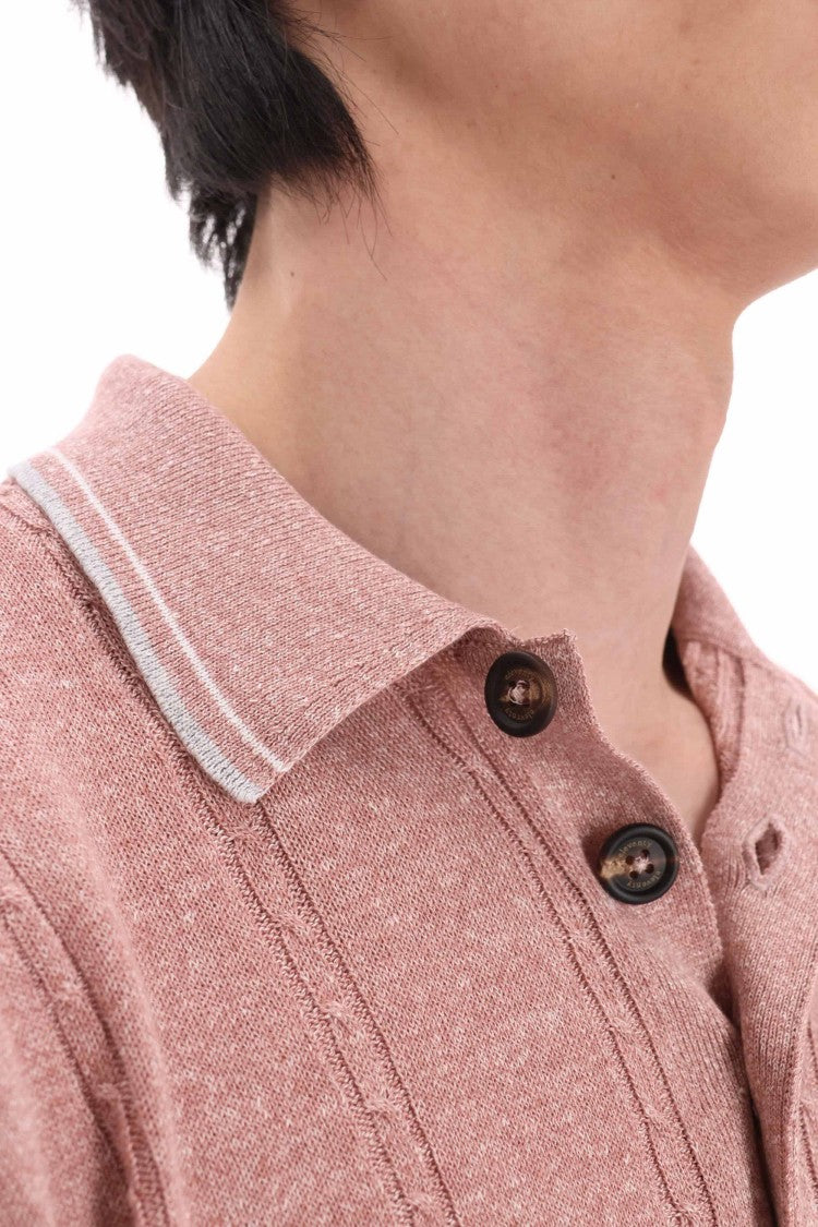 Eleventy Dusty Pink Cable-Knit Linen-Cotton Polo Shirt