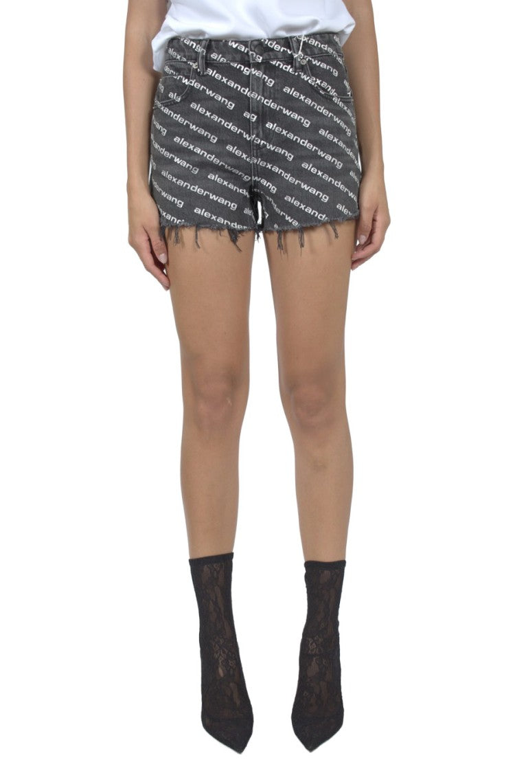 Alexander Wang Black Logo-Print Frayed Hem Denim Shorts