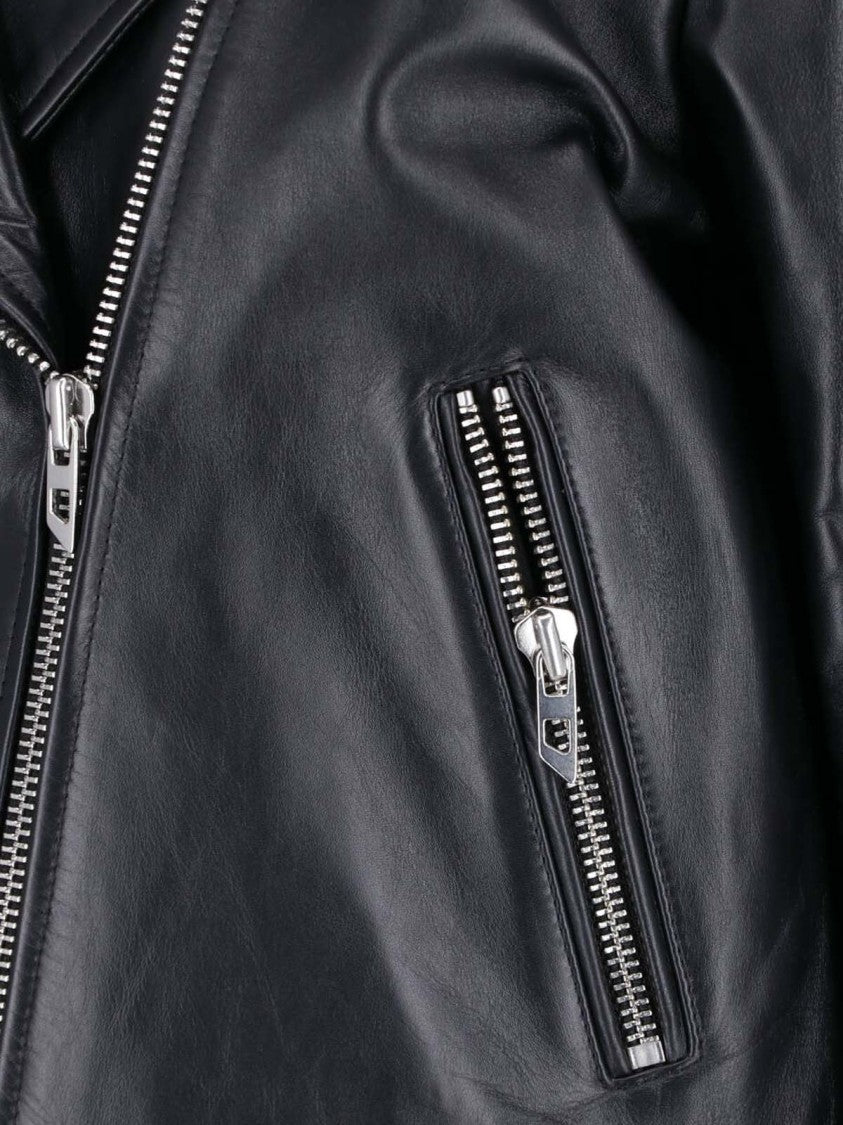 Diesel Cropped Black Leather Jacket With Asymmetrical Front