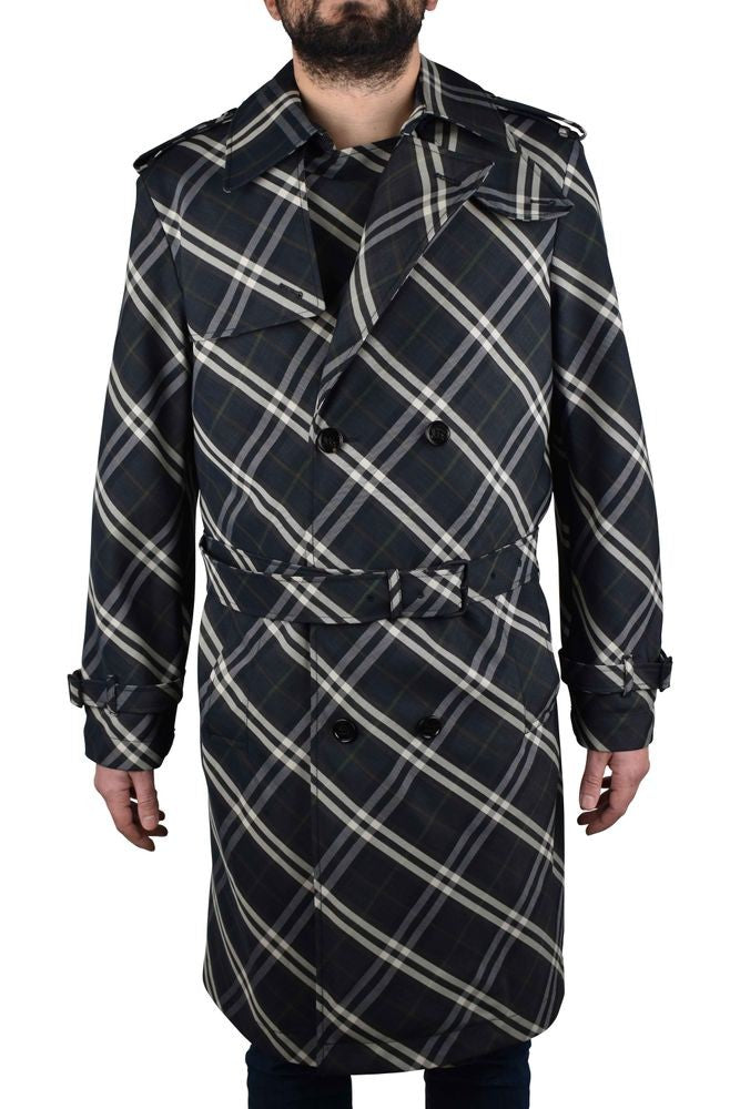 Burberry Indigo Blue Check Pattern Trench Coat