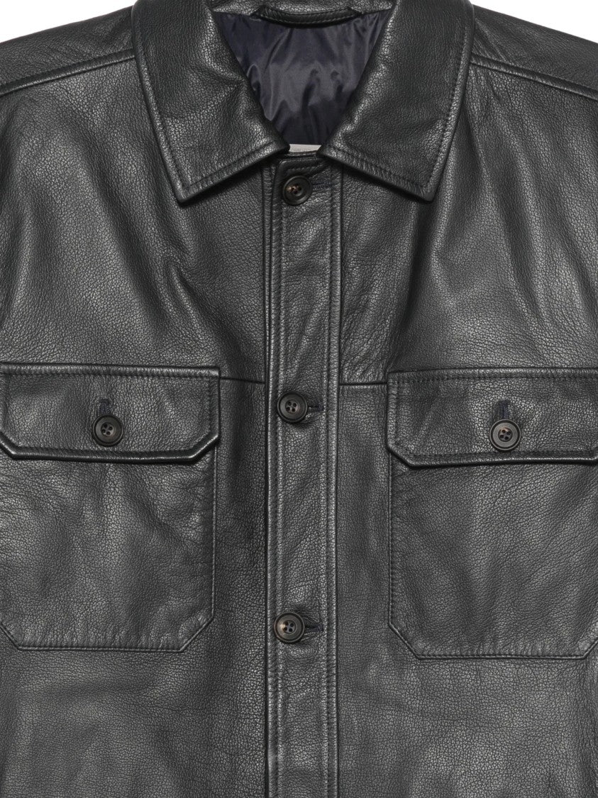 Corneliani Grained Black Calf Leather Zip Jacket