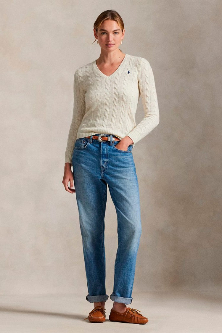Polo Ralph Lauren Cream Wool-Cashmere Blend V-Neck Cable-Knit Sweater